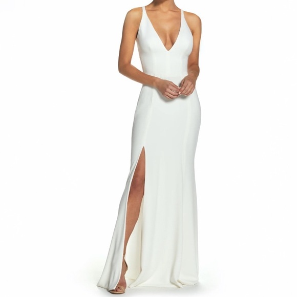 New DRESS THE POPULATION Iris Slit Crepe Gown in Off White - Picture 1 of 4
